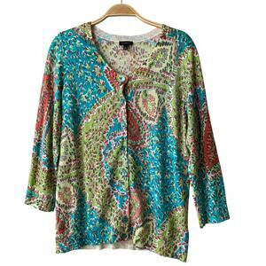 Talbots‎ Paisley Cardigan Sweater Women Size L Green Blue Coastal Cottagecore